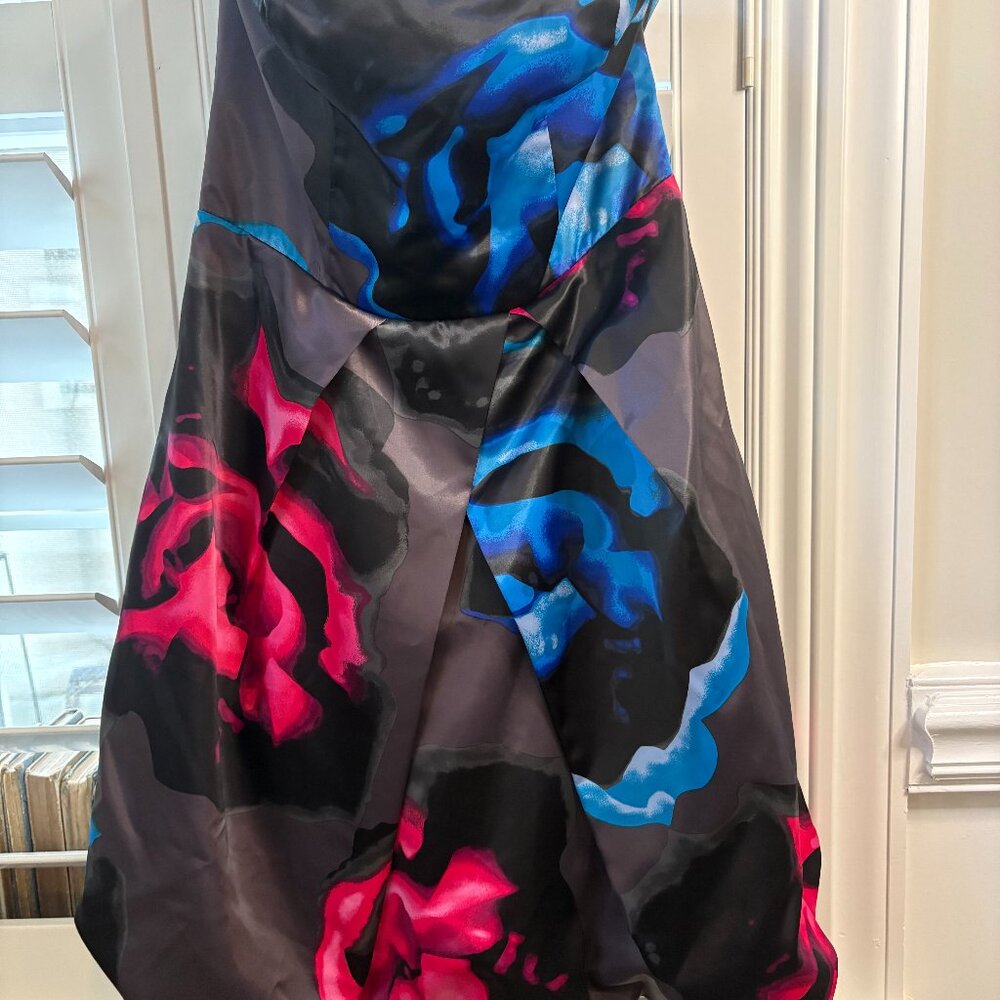 Express strapless bubble hem dress, pink and blue abstract floral design